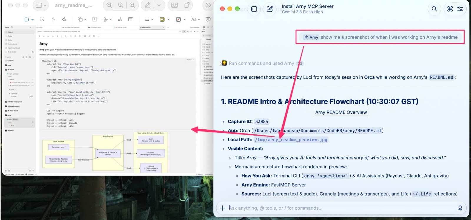 Arny CLI and MCP server in action querying activity and meeting transcripts