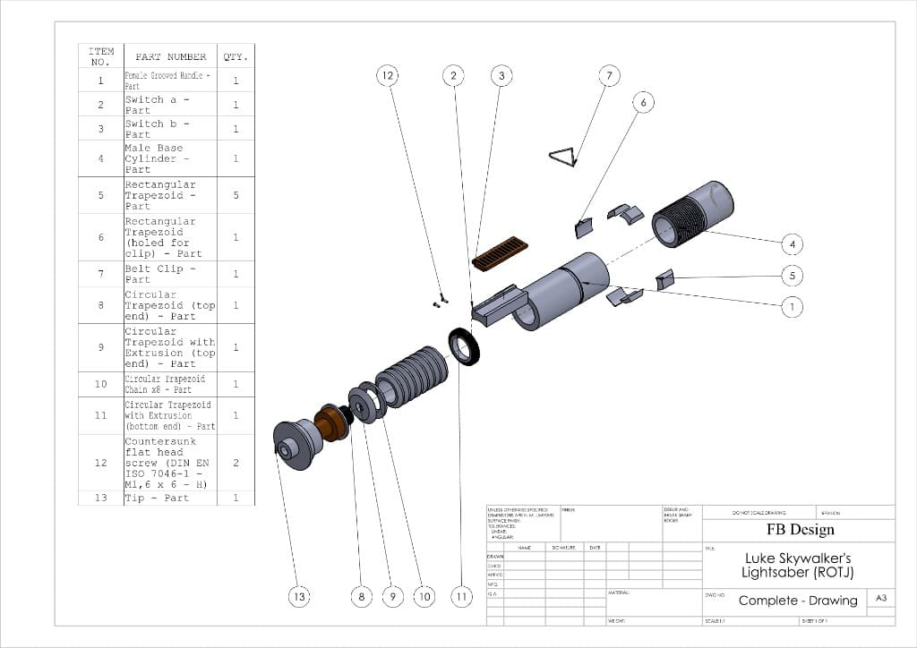Technical engineering drawing and exploded 3D assembly of Luke Skywalker's ROTJ lightsaber with parts list
